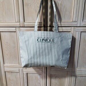 Clinque Vintage Logo Tote, Green and White Stripe with Vinyl Lining